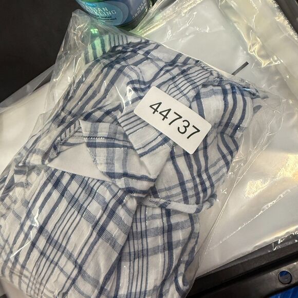 Dressbarn Blouse Women 1X Plus Blue Plaid Short Sleeve Ruffle Cotton Casual - Picture 7 of 7